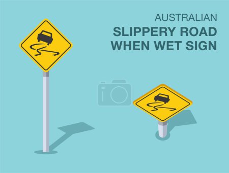 Illustration for Traffic regulation rules. Isolated Australian "slippery road when wet" road sign. Front and top view. Flat vector illustration template. - Royalty Free Image
