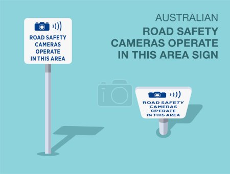 Traffic regulation rules. Isolated Australian "road safety cameras operate in this area" road sign. Front and top view. Flat vector illustration template.