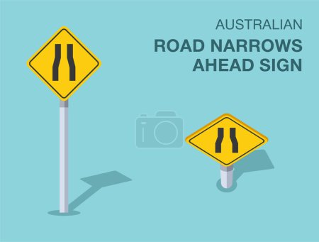 Traffic regulation rules. Isolated Australian "road narrows ahead" sign. Front and top view. Flat vector illustration template.