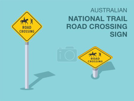 Reglas de regulación del tráfico. Señal de carretera australiana aislada "cruce nacional de senderos". Vista frontal y superior. Plantilla de ilustración de vector plano.