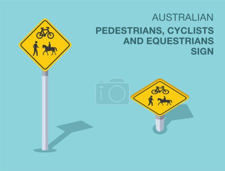 Traffic regulation rules. Isolated Australian pedestrians, cyclists and equestrians" road sign. Front and top view. Flat vector illustration template.