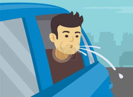 Bad behavior on roads. Close-up of a young male passenger spitting on road. Flat vector illustration template.