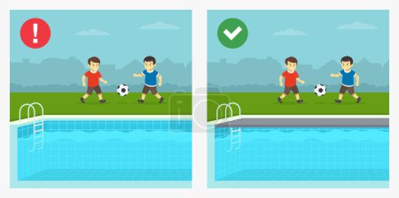 Regla de seguridad para niños. Hacer y no hacer. Niños varones jugando pelota al lado de la piscina al aire libre. Plantilla de ilustración de vector plano.