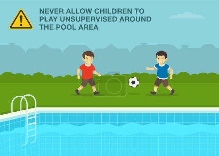 Safety rule for kids. Two male kids playing ball beside outdoor swimming pool. Never allow children play unsupervised around the pool area. Flat vector illustration template.
