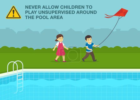 Safety rule for kids. Male and female kids flying kite close to outdoor swimming pool. Flat vector illustration template.