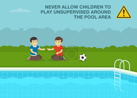 Téléchargez les illustrations : Règles de sécurité pour les enfants. Deux garçons jouant au jeu des "ciseaux en papier de roche" à côté de la piscine extérieure. Modèle d'illustration vectorielle plate. - en licence libre de droit