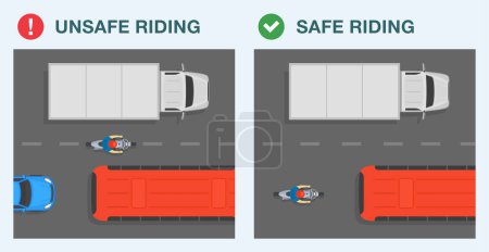 Illustration for Safe motorcycle riding tips. Safe and unsafe riding. Moto rider tries to ride between bus and truck on two lane road. Top view of traffic flow. Flat vector illustration template. - Royalty Free Image