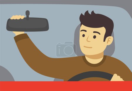 Close-up of a male driver adjusting rear view mirror in a car. Front view. Flat vector illustration template.