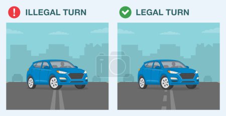 Tipps für sicheres Fahren und Regeln zur Verkehrsregulierung. Legaler und illegaler Spurwechsel. Frontansicht von Geländewagen, die an Straßenrändern vorbeifahren. Vorlage für flache Vektorabbildung.