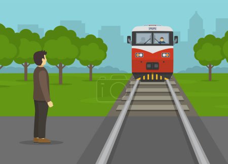 Railroad safety rules and tips. Young male character waiting to cross the tracks while train completely pass. Flat vector illustration template. 