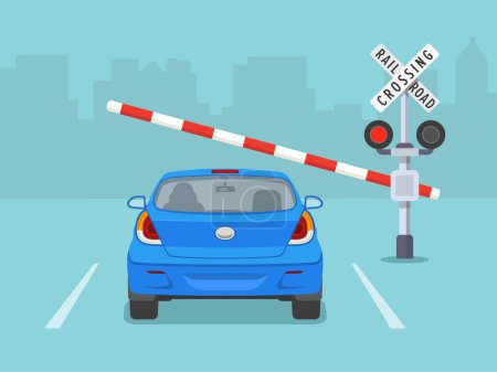 Safety driving rules and tips. Car stopped at railroad crossing when barrier starting to close. Back view. Flat vector illustration template.