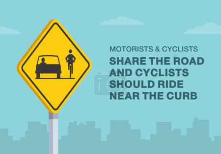 Tipps für sicheres Fahren und Regeln zur Verkehrsregulierung. Nahaufnahme des US-Schildes "share the road". Autofahrer und Radfahrer teilen sich die Straße. Vorlage für flache Vektorabbildung.