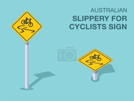 Illustration for Traffic regulation rules. Isolated Australian "slippery for cyclists" road sign. Front and top view. Flat vector illustration template. - Royalty Free Image