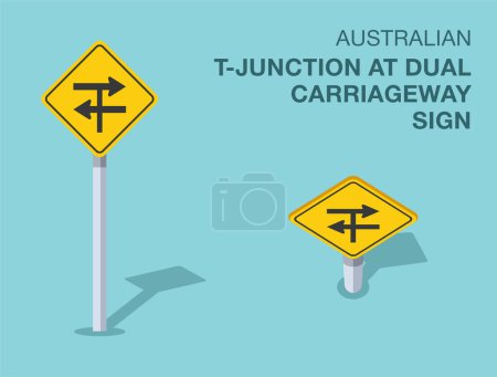 Traffic regulation rules. Isolated Australian "T-junction at dual carriageway" road sign. Front and top view. Flat vector illustration template.