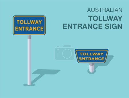 Traffic regulation rules. Isolated Australian "tollway entrance" road sign. Front and top view. Flat vector illustration template.