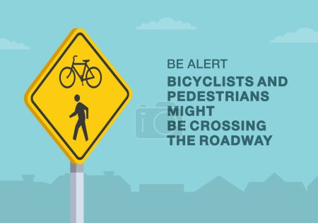 Tipps für sicheres Fahren und Regeln zur Verkehrsregulierung. Nahaufnahme der US-amerikanischen Fahrrad- und Fußgängerschilder. Radfahrer und Fußgänger könnten die Fahrbahn überqueren. Vorlage für flache Vektorabbildung.