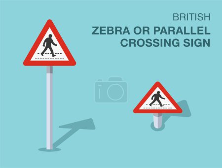Reglas de regulación del tráfico. Señal de tráfico británica aislada "cebra o cruce paralelo". Vista frontal y superior. Plantilla de ilustración de vector plano.