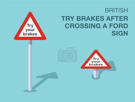 Traffic regulation rules. Isolated British "try brakes after crossing a ford" road sign. Front and top view. Flat vector illustration template.