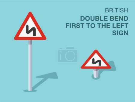 Verkehrsregeln. Vereinzelte britische "Doppelkurve zuerst nach links" -Verkehrsschilder. Ansicht von vorne und von oben. Vorlage für flache Vektorabbildung.