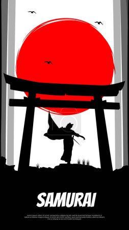 Téléchargez les photos : Samouraï urbain femelle devant une lune rouge et un masque oni. Guerrier samouraï japonais avec une épée. femme samouraï. fond de thème japonais pour téléphone ou moniteur vertical. - en image libre de droit