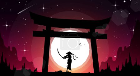 samurai chica ilustración. fondo de pantalla de anime chica samurai. fondo de pantalla de fantasía paisaje. samurai japonés con fondo de puerta torii. fondo fantasía puesta del sol. mujer luchadora con espada.