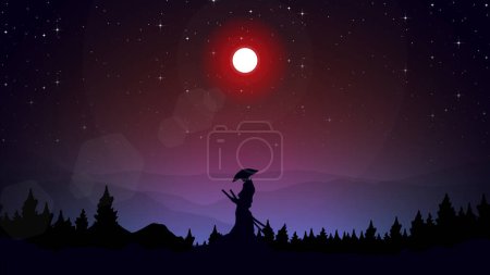 Samurai Antecedentes en la noche. Japón tema de fondo. fondo de pantalla samurai. paisaje fantasía walpaper. fondo samurai japonés.