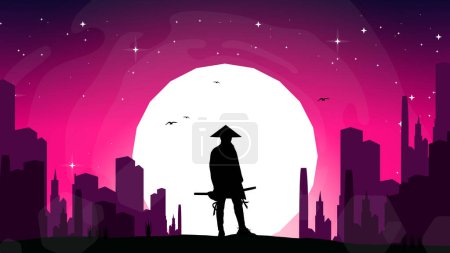 fondo samurai. Samurai japonés con fondo de puerta torii. Samurai cyberpunk japonés. fondo de pantalla de fantasía paisaje. fondo fantasía puesta del sol. samurai urbano ilustración.