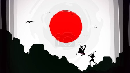 Téléchargez les photos : Samouraï avec papier peint lune rouge. papier peint duel samouraï. Épée duel. deux sabreurs qui se battent. combat de samouraïs. duel. fond de thème japonais. - en image libre de droit
