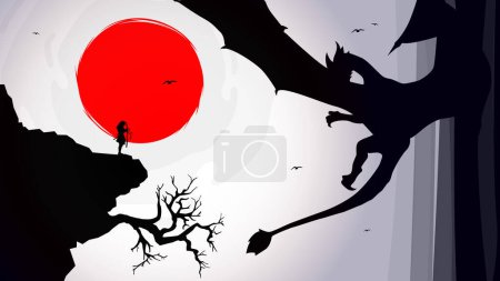 samouraï avec papier peint lune rouge. Samouraï contre dragon. Lune rouge. chevalier avec des épées contre dragon. chevalier avec des épées combattant dragon. papier peint fantaisie.