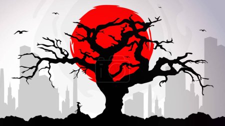 Samouraï avec papier peint lune rouge. Lune rouge. papier peint thème japonais. silhouette d'un samouraï dans le fond de la nuit. Guerrier samouraï japonais avec une épée.