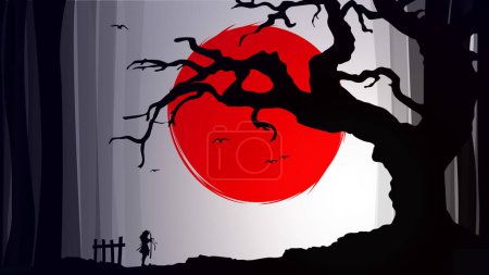 Téléchargez les photos : Samouraï avec papier peint lune rouge. Lune rouge. papier peint thème japonais. silhouette d'un samouraï dans le fond de la nuit. Guerrier samouraï japonais avec une épée. - en image libre de droit