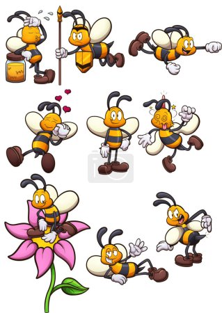 Cartoon Bees In Different Poses (en inglés). Ilustración de clip vectorial con gradientes simples. Todo en una sola capa.