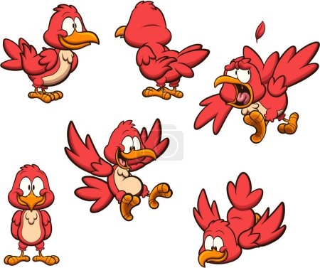 Illustration for Red Cartoon Bird With Different Poses. Vector illustration with simple gradients. All in one single layer. - Royalty Free Image