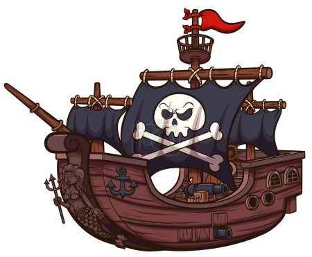 Ilustración de Barco pirata de dibujos animados. Ilustración vectorial con gradientes simples. - Imagen libre de derechos
