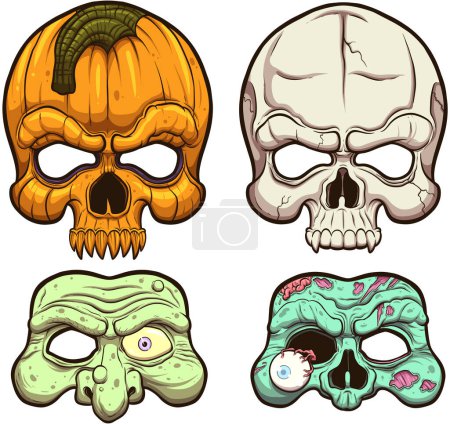 Ilustración de Máscaras de Halloween de dibujos animados. Ilustración vectorial con gradientes simples. - Imagen libre de derechos