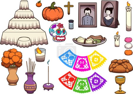 Illustration for Dia De Los Muertos Altar Items. Vector illustration with simple gradients. - Royalty Free Image