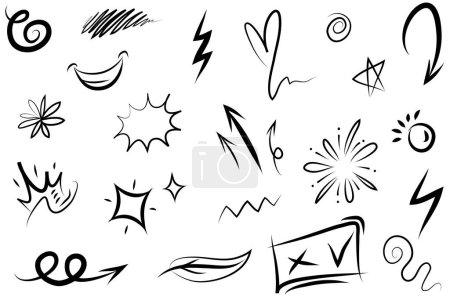 Illustration for Abstract arrows, ribbons, fireworks, hearts, lightning,love , leaf, stars, cone, crowns and other elements in a hand drawn style for concept designs. Scribble illustration. - Royalty Free Image