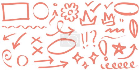 Highlighter marks, stripes, strokes, frames, speech bubbles, crosses, ticks and arrows set. Elements drawn with colored marker
