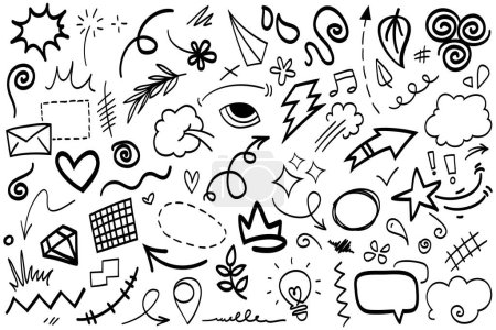 Vektor-Set von handgezeichneten Cartoon-Ausdruck Zeichen Doodle, Kurve Richtungspfeile, Emoticon-Effekte Designelemente, Cartoon-Charakter Emotionen Symbole, niedliche dekorative Pinselstrichlinien.