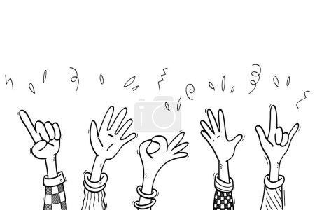 Handgezeichnete Hände, die Ovationen klatschen. Applaus, Daumen hoch-Geste im Doodle-Stil, Vektorillustration