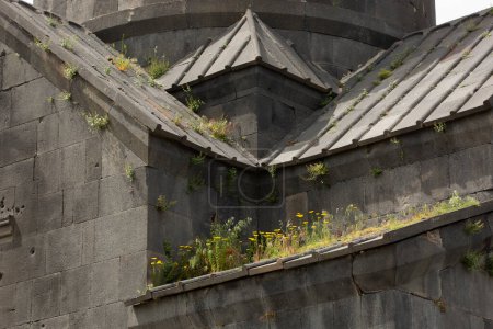 Parte del techo de una antigua iglesia armenia cubierta de hierba