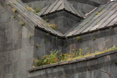 Parte del techo de una antigua iglesia armenia cubierta de hierba