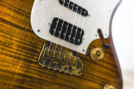 gros plan de guitare brune avec des rayures blanches et des pièces dorées, concept studio de musique. Photo de haute qualité