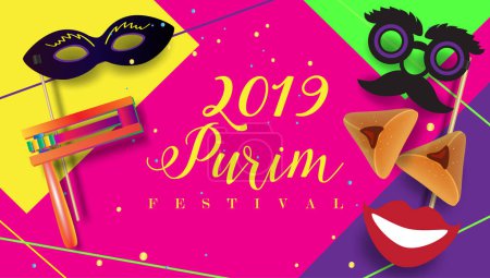 Happy Purim 2024 Hebrew text Jewish Holiday Gift card Sale Post story banner with traditional symbols noisemaker grogger gragger, hamantaschen cookies bake, crown, star of David sign festival decoration carnival kids party promo placard blank page 