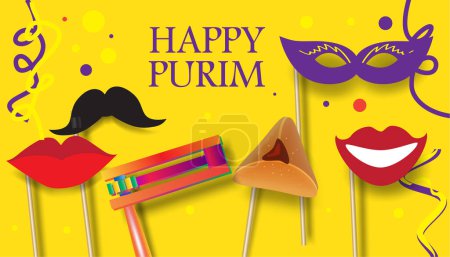 Happy Purim - Hebrew text Jewish Holiday Gift card Sale Post story banner with traditional symbols noisemaker grogger gragger, hamantaschen cookies bake, crown, star of David sign festival decoration carnival kids party promo placard blank page 2024