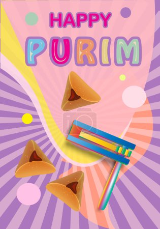 Happy Purim - Hebrew text Jewish Holiday Gift card Sale Post story banner with traditional food symbols noisemaker grogger gragger, hamantaschen cookies bake, crown, star of david sign festival decoration carnival kids party promo placard blank page