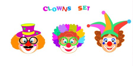 Clown happy mask, cute clown face smiling set cartoon illustration Funny Clown isolated on white Carnival birthday card Festival anniversary, Purim Holiday circus party pattern decoration music dance masquerade masks sign masque icon balloon firework