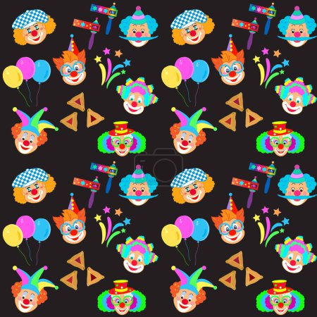 Clown glücklich Maske, niedlich Clown Gesicht lächelnd Set Cartoon Illustration Funny Clown isoliert auf weißen Karneval Geburtstagskarte Festival Jahrestag, Purim Holiday Zirkus Party Muster Dekoration Musik Tanz Maskerade Masken Zeichen Maske Ikone Ballon Feuerwerk