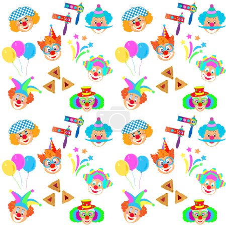 Clown glücklich Maske, niedlich Clown Gesicht lächelnd Set Cartoon Illustration Funny Clown isoliert auf weißen Karneval Geburtstagskarte Festival Jahrestag, Purim Holiday Zirkus Party Muster Dekoration Musik Tanz Maskerade Masken Zeichen Maske Ikone Ballon Feuerwerk
