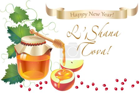 Illustration for Shana Tova! Rosh Hashana! Happy Jewish New Year - translate from Hebrew. May you have a good and sweet new year. Honey and apple, shofar horn Torah pomegranates, birds, ribbon, floral traditional Holiday decoration greeting card poster frame template - Royalty Free Image